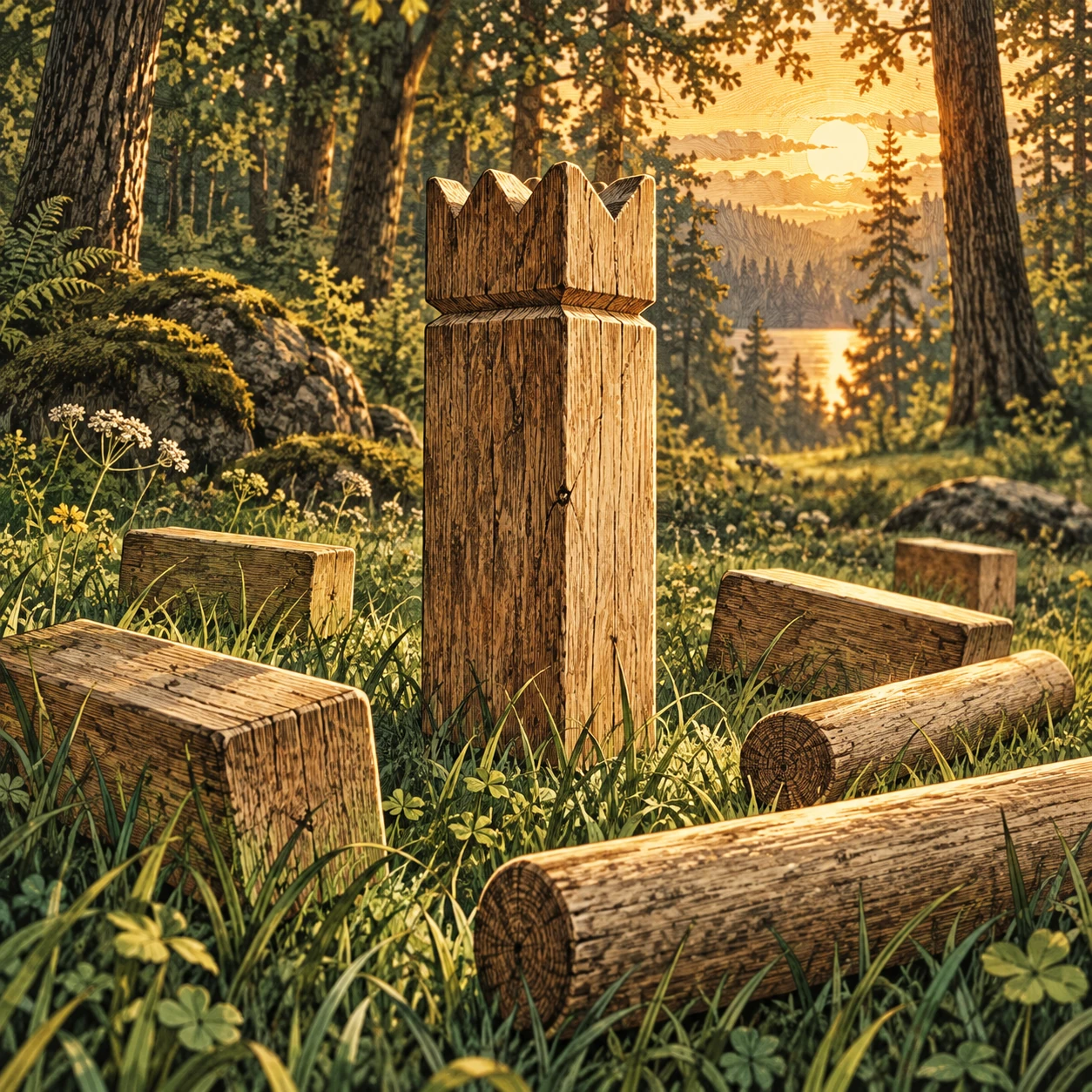 Ein geschnitzter Kubb-König und Wurfhölzer im goldenen Abendlicht.